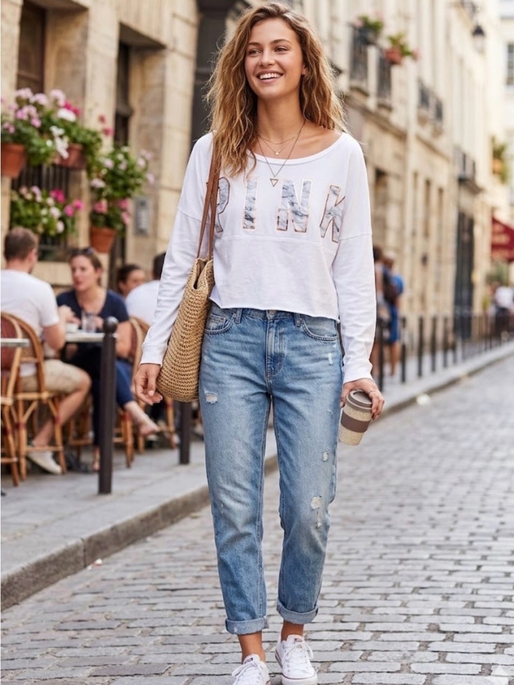 PINK Victoria's Secret White Logo Long-Sleeve Crop Top